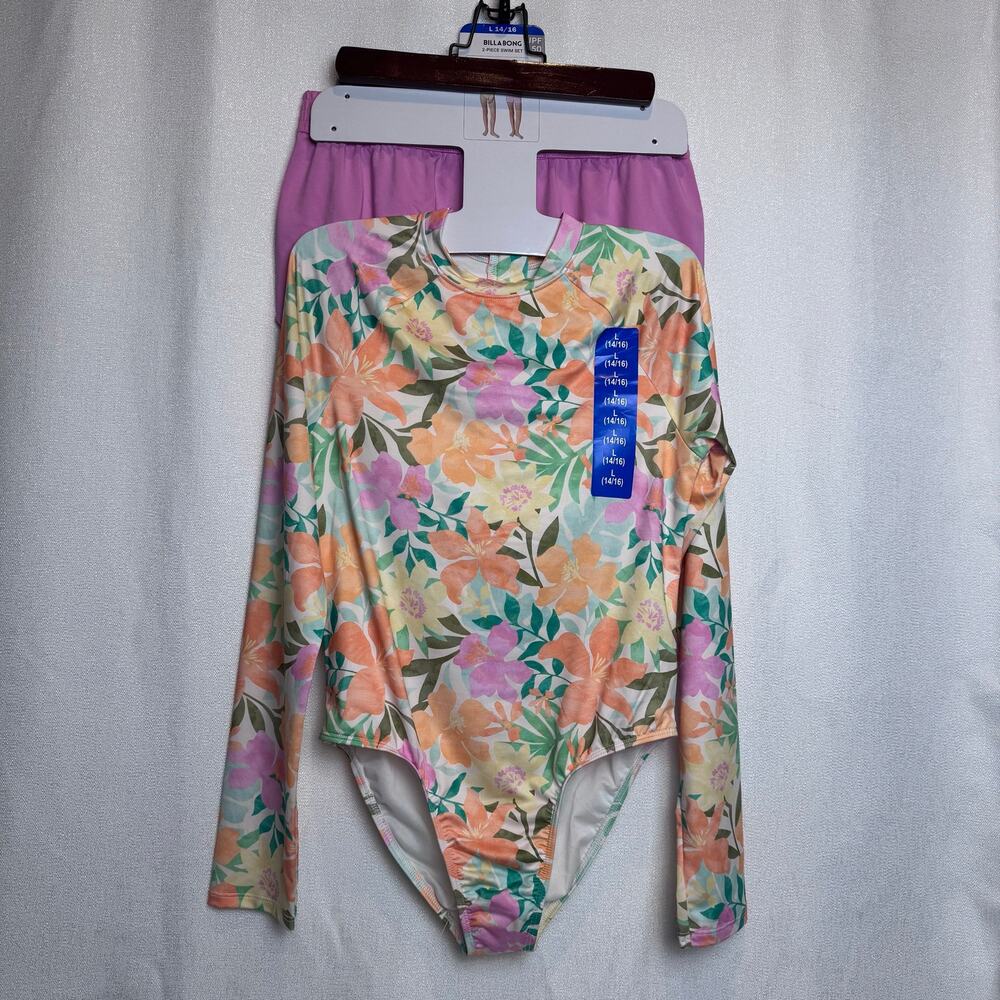 Billabong Girls Floral Zip Bodysuit Pink Shorts UPF 50 Sun Protection Size 14/16